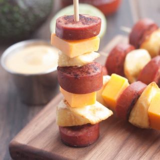 Sausage & Potato Skewers with Spicy Avocado-Sriracha Sauce + Giveaway