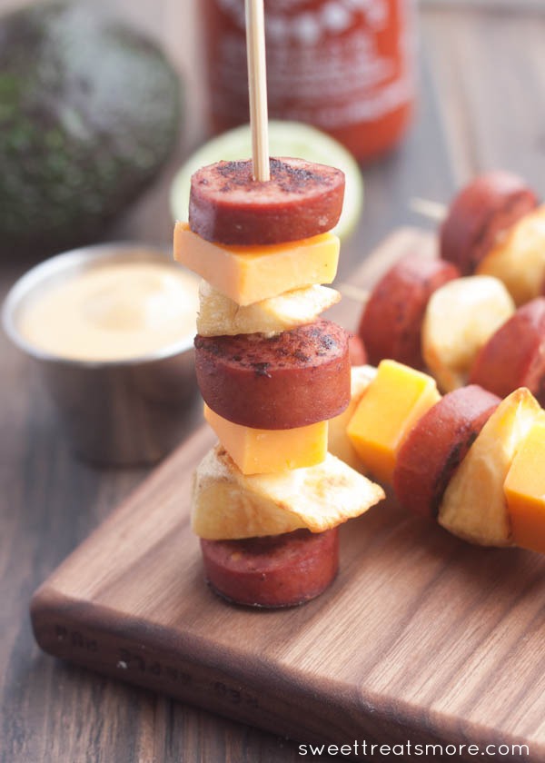 Sausage & Potato Skewers with Spicy Avocado-Sriracha Sauce + Giveaway