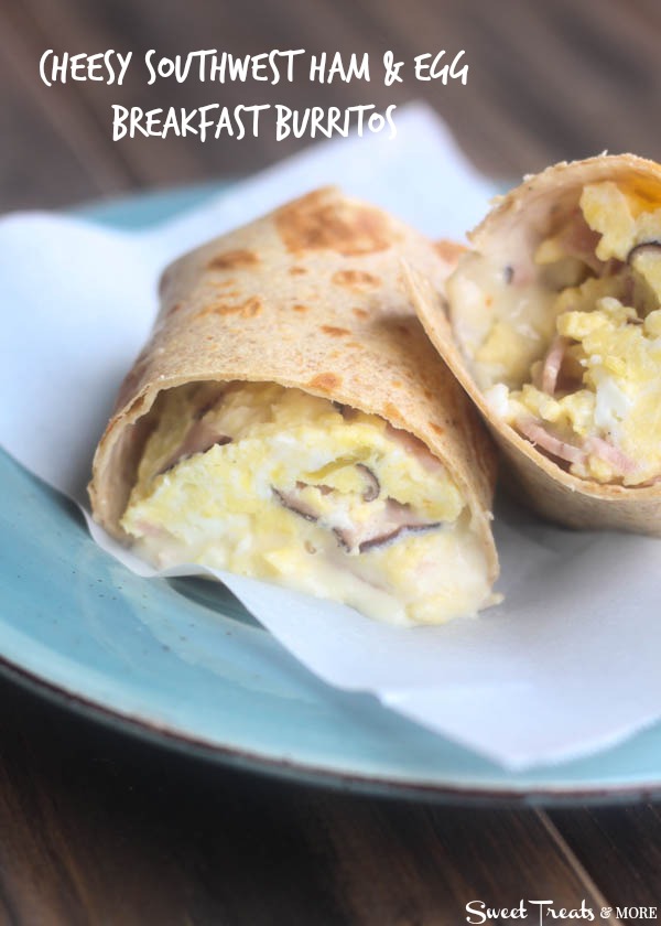 Cheesy Southwest Ham and Egg Breakfast Burritos