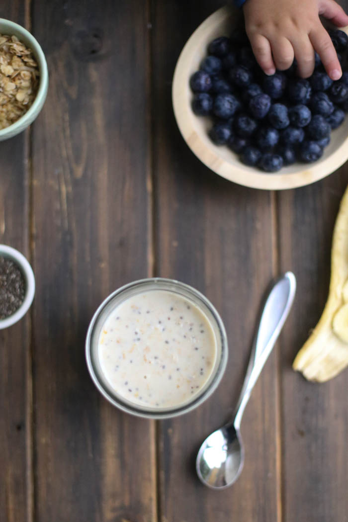 Peanut Butter & Honey Overnight Oats with Bananas, Blueberries