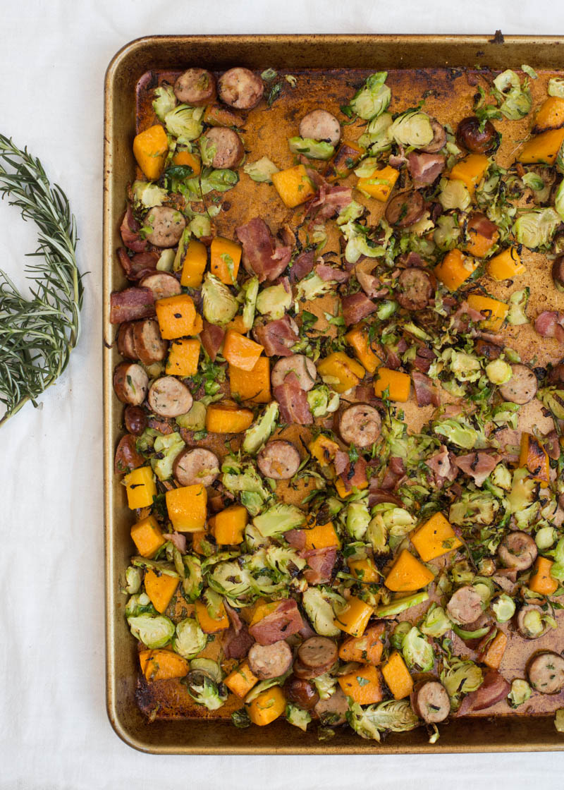 One Pan Wonder: Roasted Butternut Squash, Brussels with Chicken Sausage ...