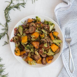 One Pan Wonder: Roasted Butternut Squash, Brussels with Chicken Sausage + Bacon