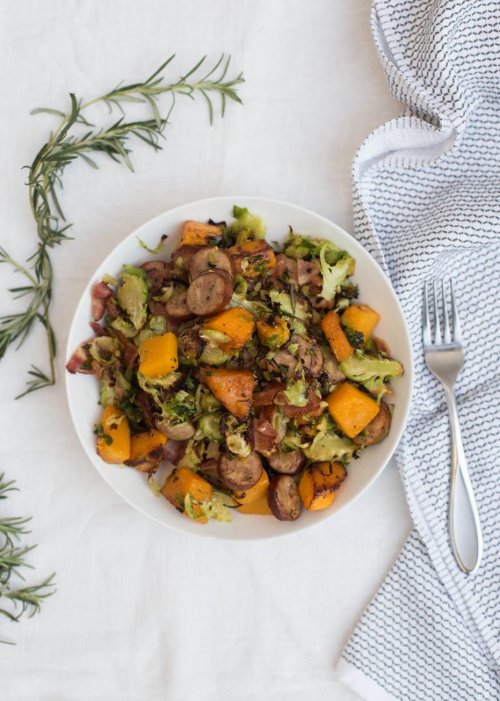 One Pan Wonder: Roasted Butternut Squash, Brussels with Chicken Sausage + Bacon