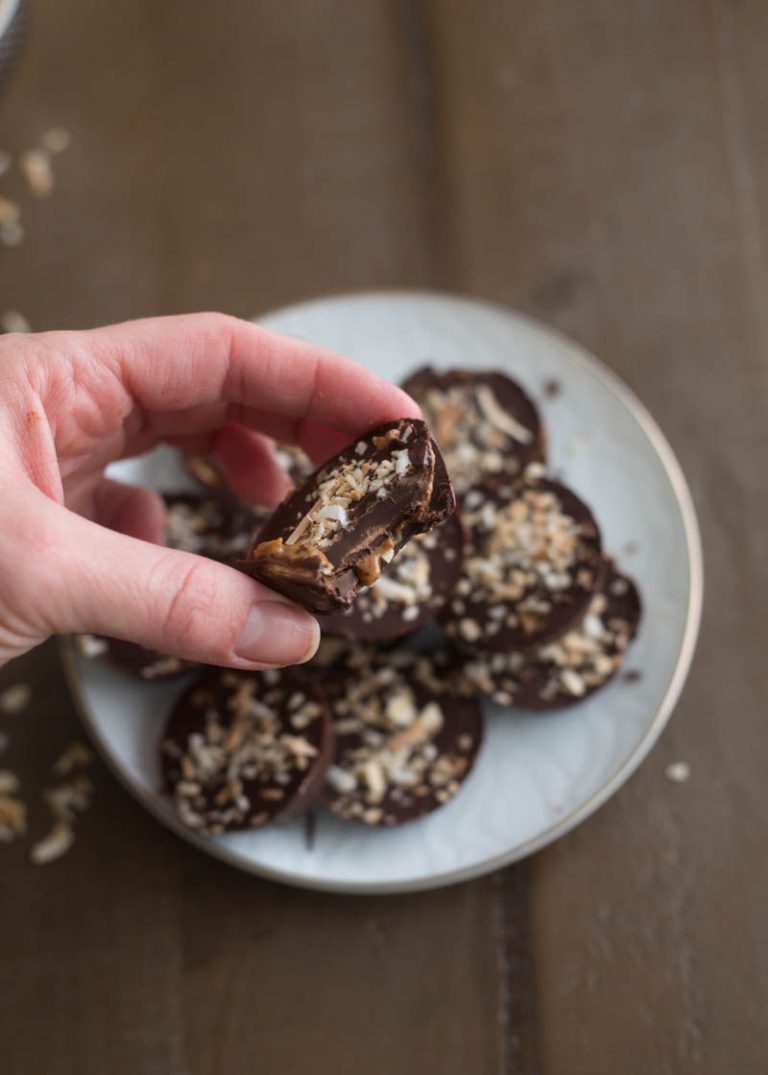 Dark Chocolate Almond Butter Cups with Toasted Coconut Kristy Denney