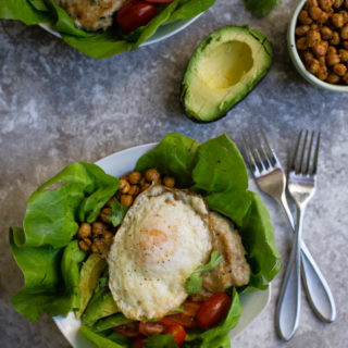 chicken burger lettuce bowls with roasted chickpeas